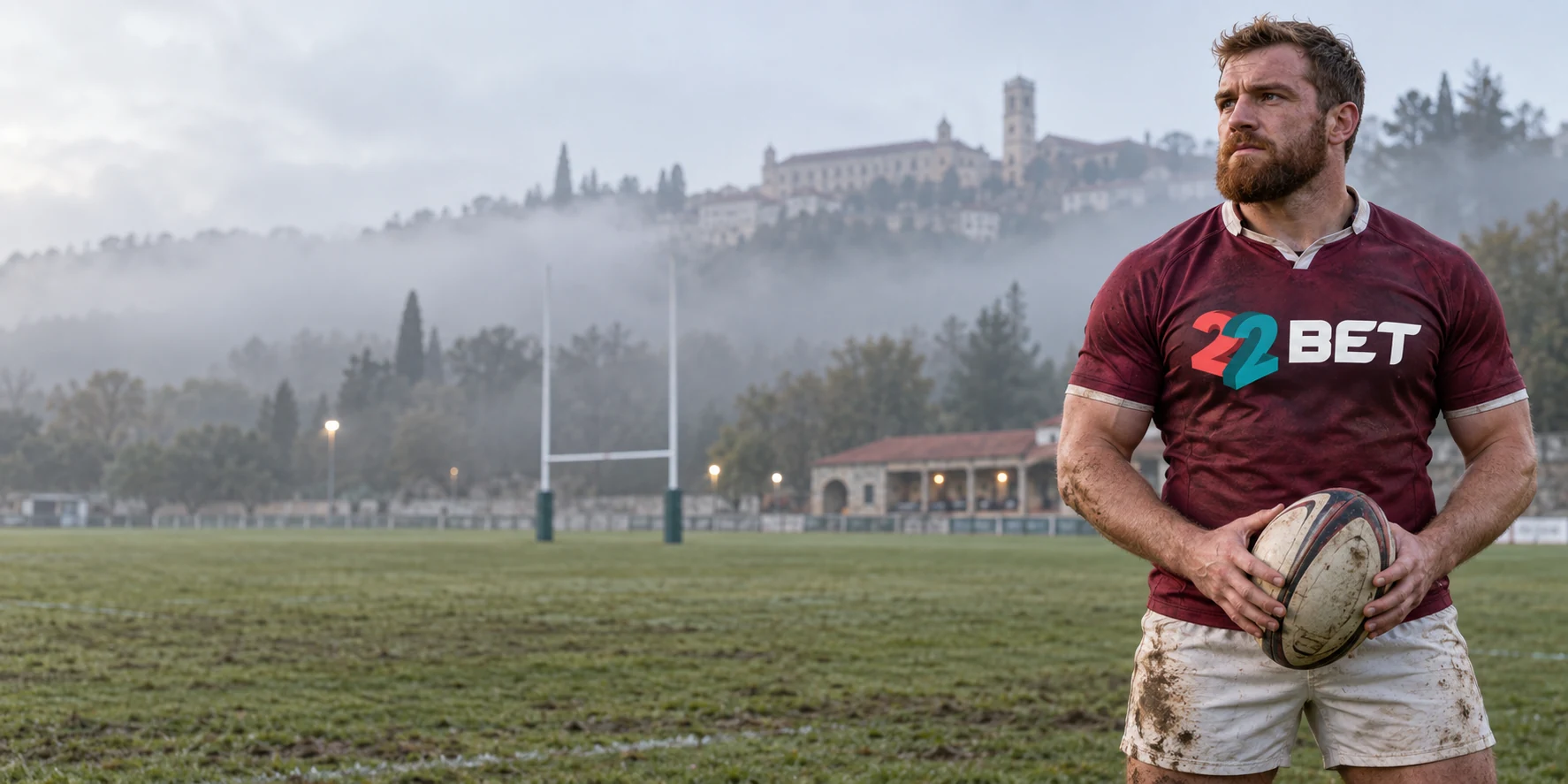Jogador de râguebi com equipamento 22BET num campo em Coimbra
