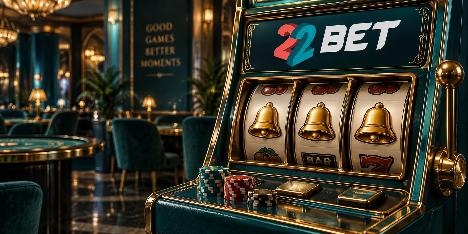 Ilustração de uma máquina de slots com símbolos de sinos e a marca 22BET