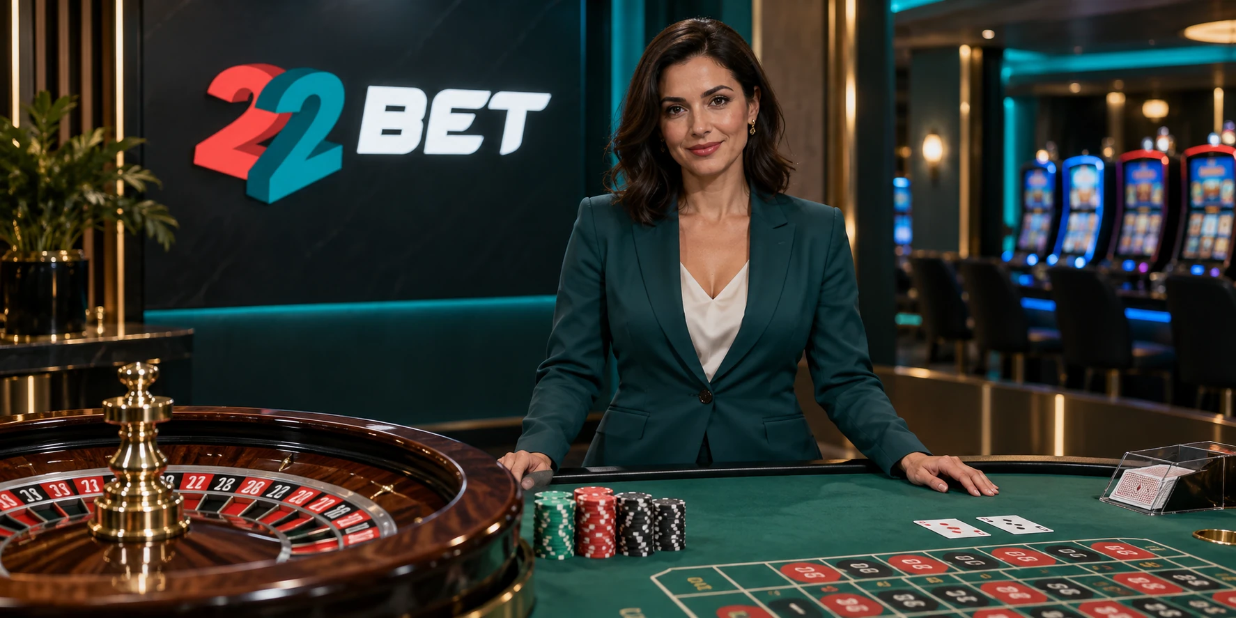 Mesa de roleta e jogos de casino com uma dealer e a marca 22BET