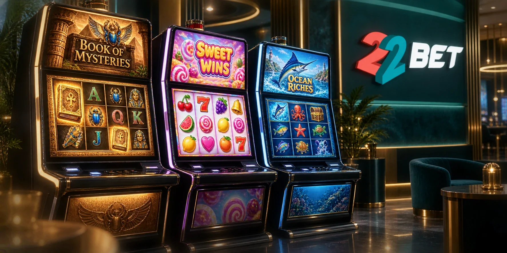 Ilustração de máquinas de slots com diferentes temas e a marca 22BET