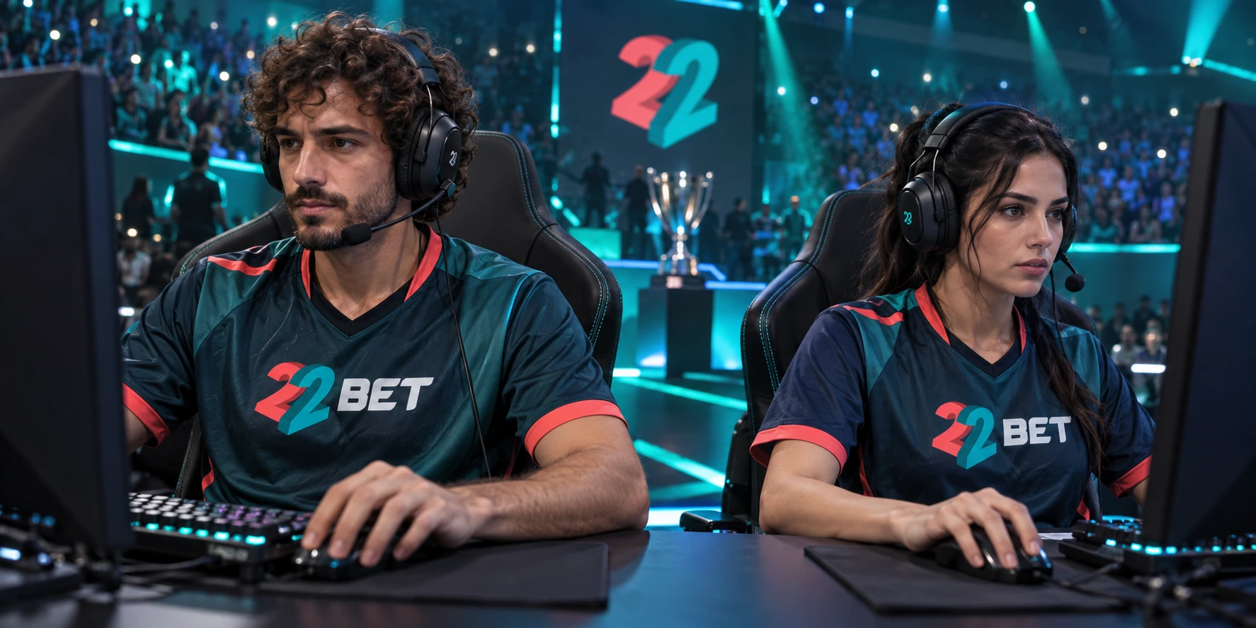 Jogadores de esports com equipamento 22BET numa arena de competição