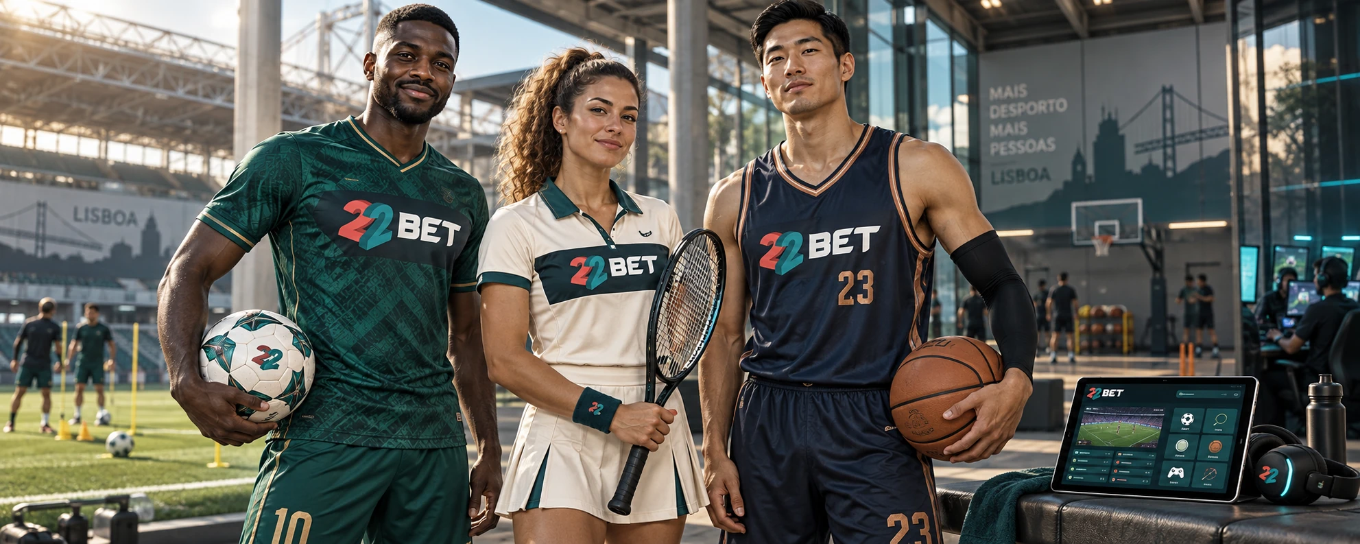 Atletas de futebol, ténis e basquetebol com a marca 22BET e acesso digital ao desporto